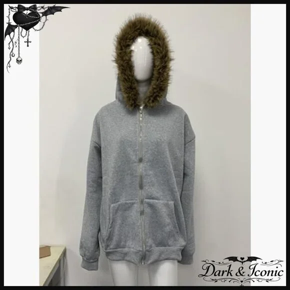 Oversized Zip Up Hoodie with Faux Fur Hood, Grunge Streetwear Jacket